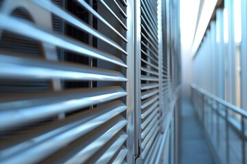 Metallic wall with ventilation grilles forming a long narrow corridor