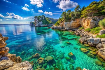 tranquil coastal landscape featuring crystal clear waters, rocky shoreline, and lush forested cliffs wallpaper background