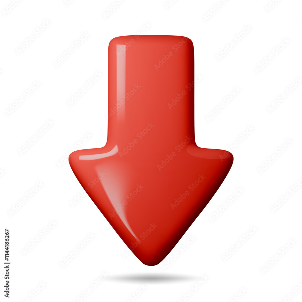 Poster 3d arrow pointing down red color. realistic 3d render in minimal style. icon isolated on white backg