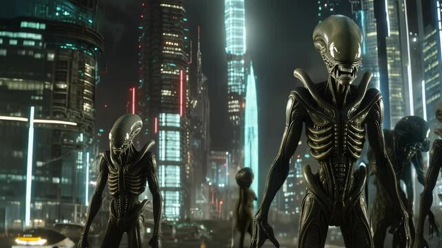 Several xenomorphs stand menacingly in a futuristic city at night, showcasing their biomechanical exoskeletons and predatory nature in a digitally illustrated scene