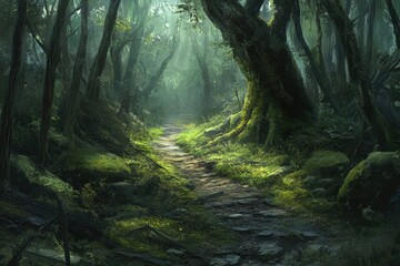 Obraz premium A sunlit path winds through a lush, mossy forest, ancient trees casting shadows.