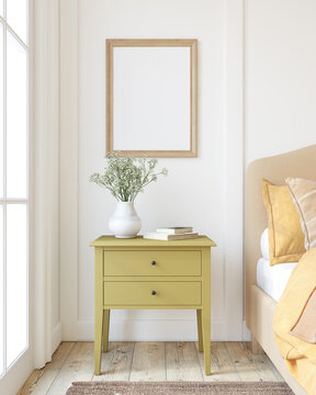 Modern bedroom interior. Frame mockup. 3d render.