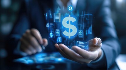 Cost saving concept, budget management and costs management. Economy recession economic cost savings. Businessman holding cost reduction icon on virtual screen