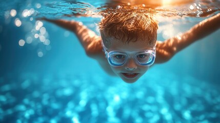 Fototapeta premium Child swimming underwater in a bright blue pool.