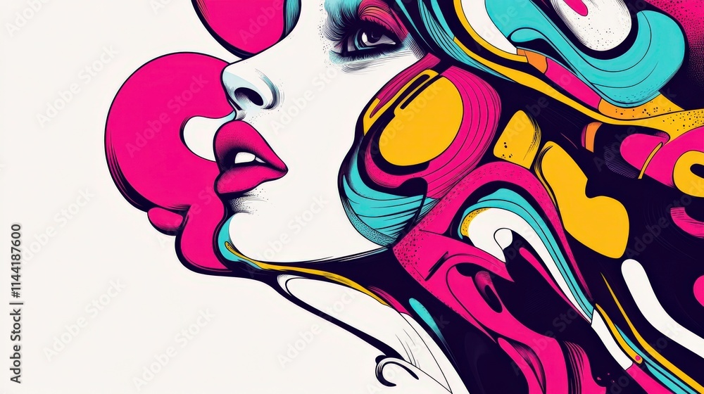 Poster colorful abstract portrait of a woman with dynamic curved lines and bold patterns representing moder