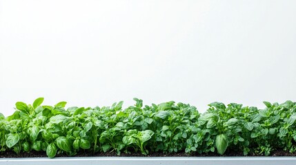 Fresh green basil and oregano herbs growing in a planter against a white wall.
