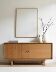 A modern, minimalist wooden dresser with a framed mirror above it.