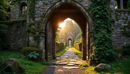 Entrance to an Irish castle with stone arches and ivy climbing the walls
