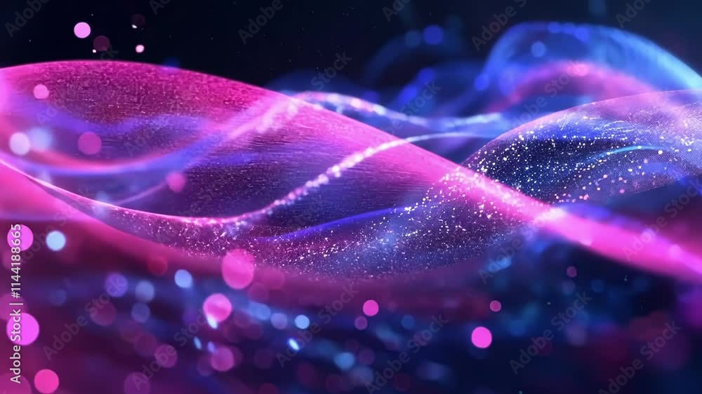 Poster pink and blue particles are flowing in a futuristic cyberspace, creating a mesmerizing visual effect