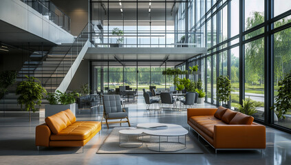 Modern office building interior with expansive windows, an open-concept layout, comfortable seating, glass partitions and plenty of natural light for a bright and collaborative workspace.