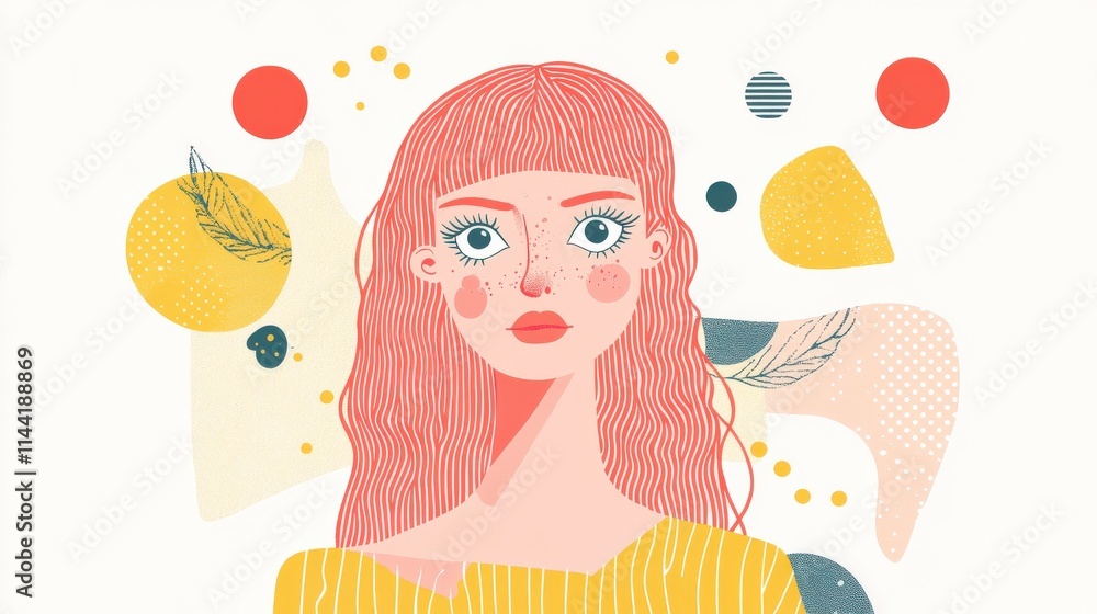 Poster vibrant and whimsical portrait of a surreal girl with colorful patterns and geometric shapes in a cr
