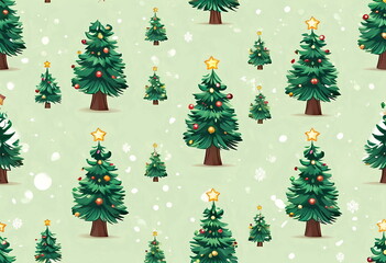 Festive Christmas trees adorned with colorful ornaments and stars create a joyful holiday pattern