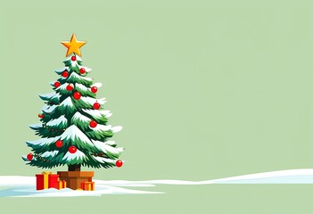 A festive Christmas tree adorned with ornaments and gifts stands in a snowy landscape