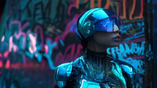 Chrome-plated gynoid with glowing visor navigates a neon-lit urban environment, showcasing advanced robotics and cyberpunk aesthetics in a futuristic cityscape