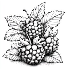 Monochrome illustration of three raspberries with leaves.