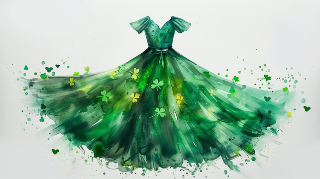 Artistic green dress with shamrock motif in watercolor style