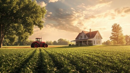Obraz premium Scenic rural landscape with a red tractor working on green fields, surrounded by trees and a charming farmhouse under a vibrant sunset sky