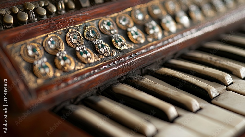 Aufkleber close-up of an ornate vintage keyboard with intricate details and weathered keys highlighting the ti