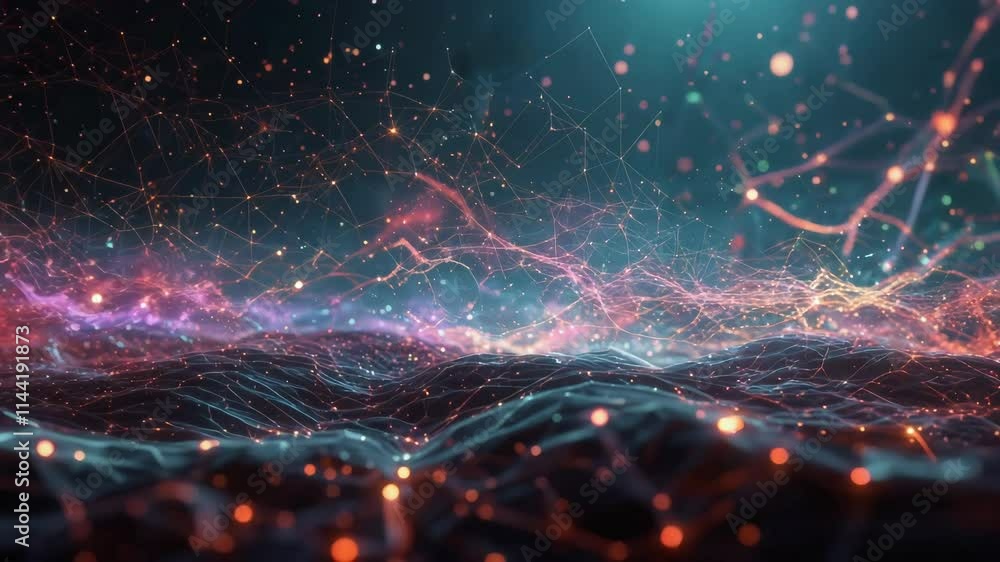 Poster glowing plexus network forming a futuristic landscape with interconnected nodes and lines creating a