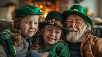 Grandfather with two granddaughters celebrating St. Patrick’s Day