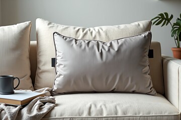 A rectangular gray-beige pillow with a side tag on a textured sofa, accompanied by a book and mug, neutral light gray background