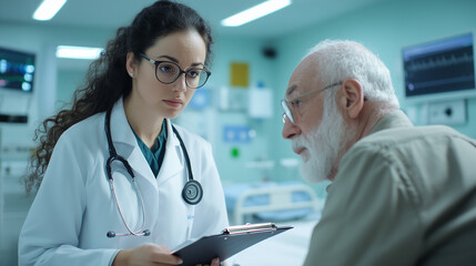 Fototapeta premium A focused female doctor in glasses performing a stethoscope examination on a senior man in a private hospital room, with a clipboard and medical records visible on a nearby table