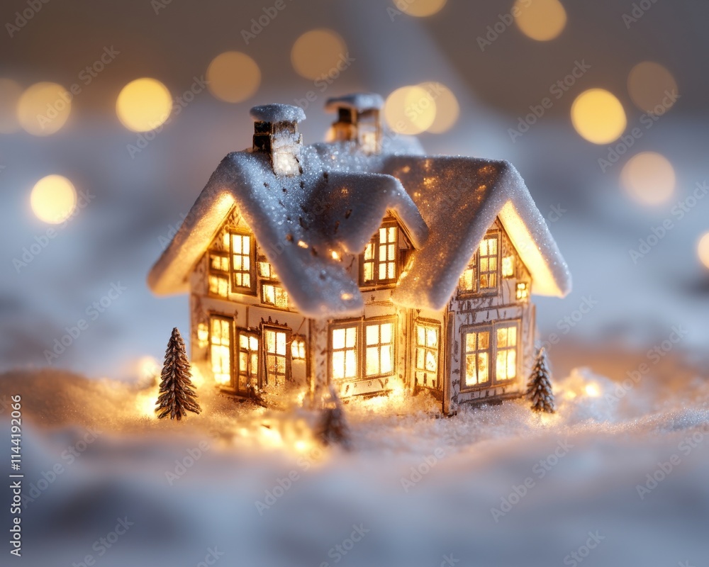 Poster a charming miniature house dusted with snow, illuminated from within, surrounded by delicate snowfla