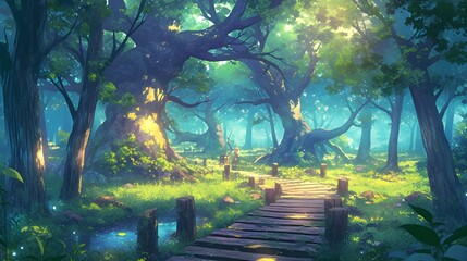 Enchanted forest in anime style, with towering trees and wooden pathways, evoking a fantasy adventure