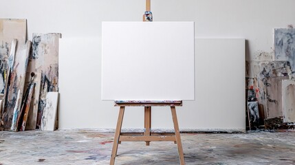 Blank canvas on an easel with a white background, perfect for showcasing art-related content, workshops, or creative projects