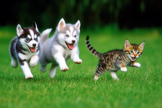 Playful puppies and kittens running in a green field joyful animal interaction outdoor scene