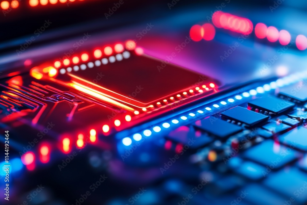 Poster a close-up image of a modern microchip illuminated by vibrant red and blue lights, showcasing intric