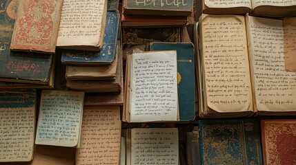 Obraz premium Vintage Collection of Handwritten Manuscripts and Old Books with Decorative Covers Capturing the Essence of Historical Literature and Cultural Heritage