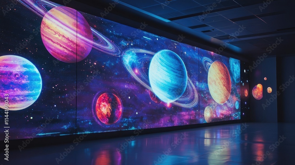 Poster vibrant cosmic scene with colorful planets and stars illuminating a futuristic space environment in 