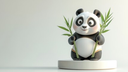 3D panda holding bamboo stems on white pedestal.