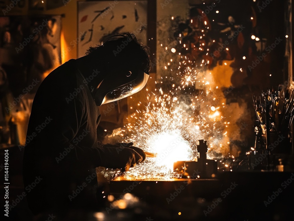 Poster welder working with sparks in dim workshop.
