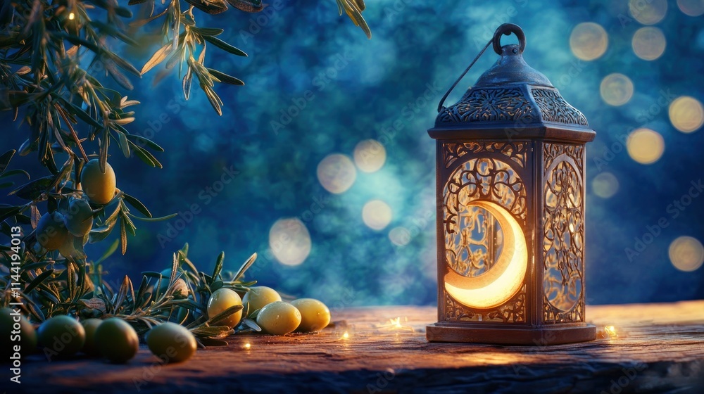 Poster festive lantern glows with crescent moon on rustic wooden surface and olive branch.