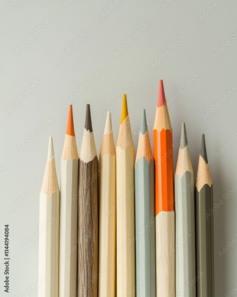 Poster array of colored pencils against light gray backdrop.