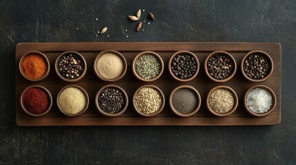 Displays of Various Spices and Seasonings in Wooden Bowls Arranged on Dark Background for Culinary and Cooking Themes