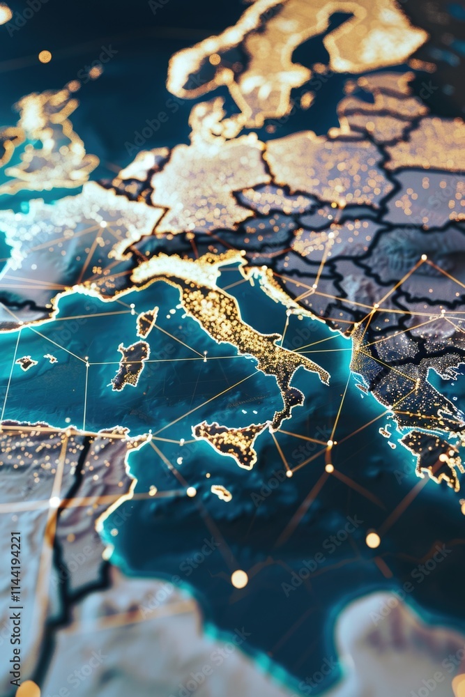 Poster digital connected map of europe with networking lines