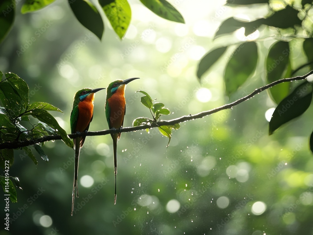Poster pair of colorful birds perched on branch in jungle, bokeh.