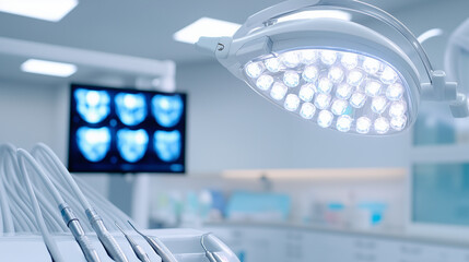 Fototapeta premium A dentist inspecting dental instruments under a bright LED lamp, wearing a mask and gloves, in a sleek, modern clinic with digital X-ray displays in the background
