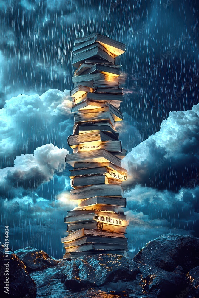 Poster a towering stack of glowing books amidst rain and dramatic clouds, creating a mystical atmosphere.