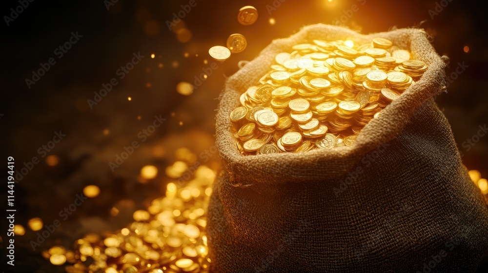 Poster enormous bag of golden coins overflowing with sparkling treasures in a dark environment capturing th