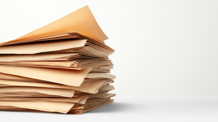 A close-up view of a disorganized stack of documents, paper files, and folders, symbolizing chaos in office organization and management.