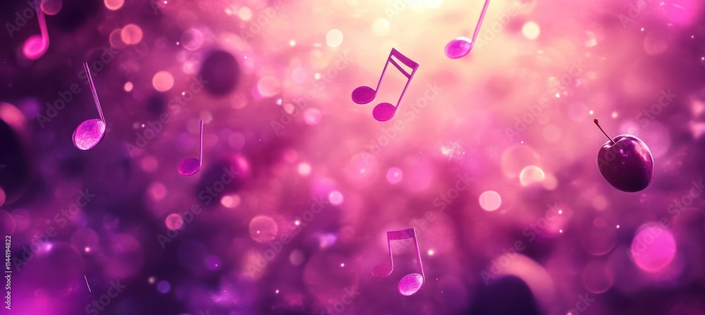 Poster music notes floating with cherry among pink bokeh lights.