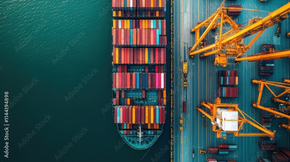 Poster aerial view of cargo ship docked with cranes loading shipping containers.