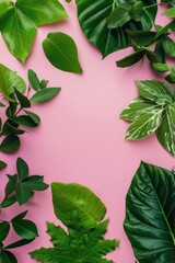 Fototapeta premium Pink background with a variety of green leaves surrounding it