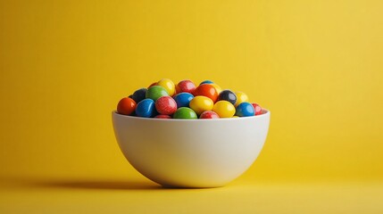 Colorful candy in white bowl on yellow.