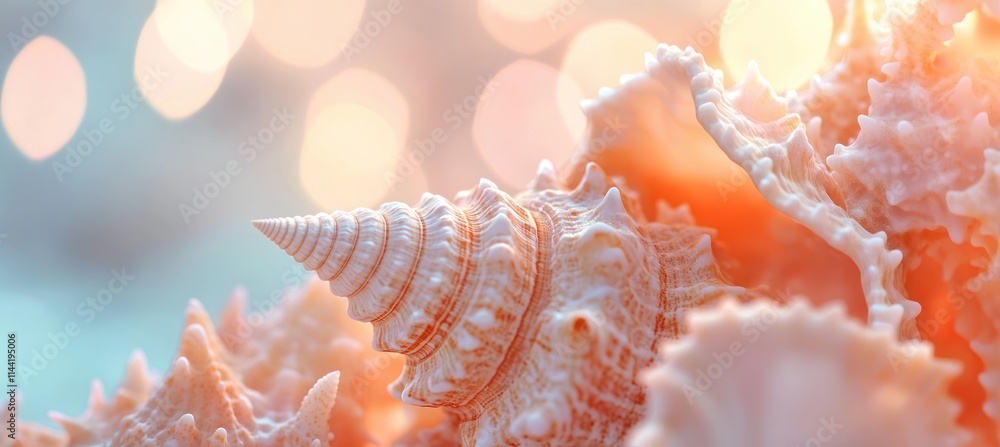 Poster close-up of multiple seashells with blurred lights background.