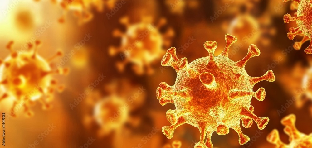 Poster a close-up view of colorful virus particles on a glowing background, illustrating the complexities o